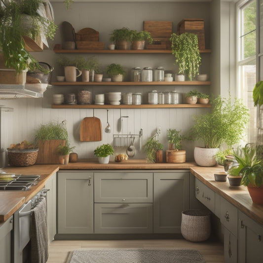 A serene kitchen with soft, warm lighting, showcasing tidy cabinets with labeled bins, a utensil organizer, and a spice rack, surrounded by a few, carefully placed, potted plants.