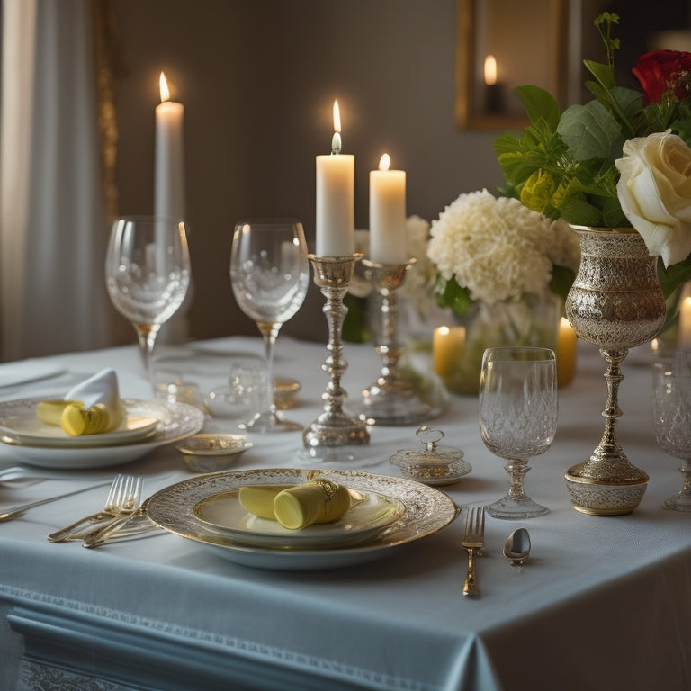 A beautifully set dinner table with a crisp white linen tablecloth, adorned with elegant glassware, fine china, and ornate silverware, surrounded by a warm, candlelit ambiance.