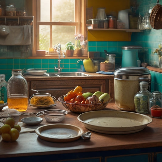 A messy kitchen counter cluttered with dirty dishes, expired condiments, and worn-out appliances, with a hint of dust and grease, and a subtle glow of a kitchen window in the background.