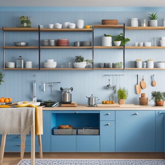 A bright, modern kitchen with a minimalist aesthetic, featuring a stainless steel island with built-in utensil organizers, a pegboard with hanging pots and pans, and a tidy utensil drawer with dividers.