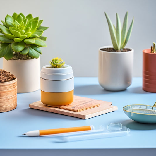 A tidy, minimalist desk with a few, carefully arranged organization essentials: a small, white, three-tiered tray, a set of colorful pens, a compact paperclip holder, and a small, potted succulent.