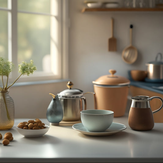 A serene kitchen scene: a tidy countertop, a few essential utensils, a single coffee mug, and a blurred background with a hint of natural light, evoking a sense of calm and simplicity.