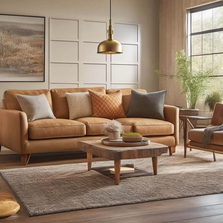 A warm and inviting living room scene with a plush sectional sofa, a geometric-patterned rug, a reclaimed wood coffee table, and a floor lamp with a unique sculptural shade.