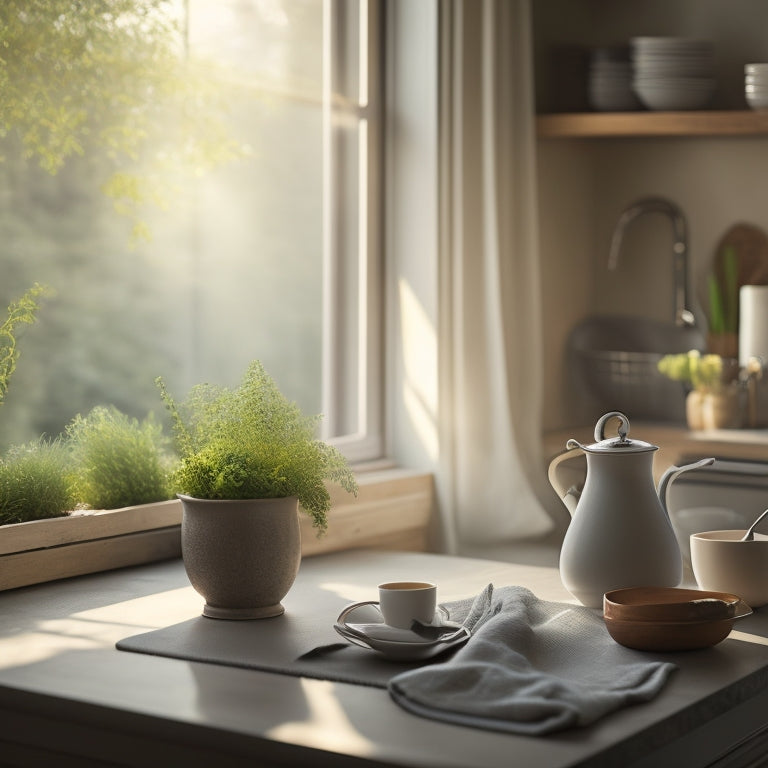 A serene kitchen scene: Soft morning light pours through a window, illuminating a tidy countertop, a few potted herbs, and a single, steaming cup on a woven placemat.