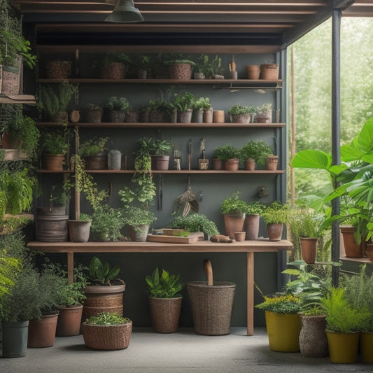 A serene and organized potting area with a wooden workbench, built-in shelving, and a pegboard adorned with gardening tools, surrounded by lush greenery and a few potted plants.