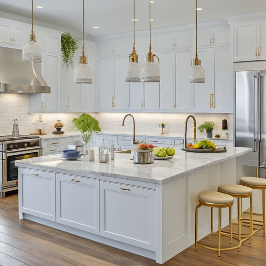 A bright, modern kitchen with sleek white cabinets, marble countertops, and stainless steel appliances, featuring a large island with a built-in sink and a pendant light above.