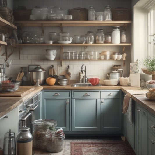 A cluttered small kitchen with a messy countertop, overflowing utensil jars, and a disorganized pantry, contrasted with a tidy and organized version of the same space in the background.