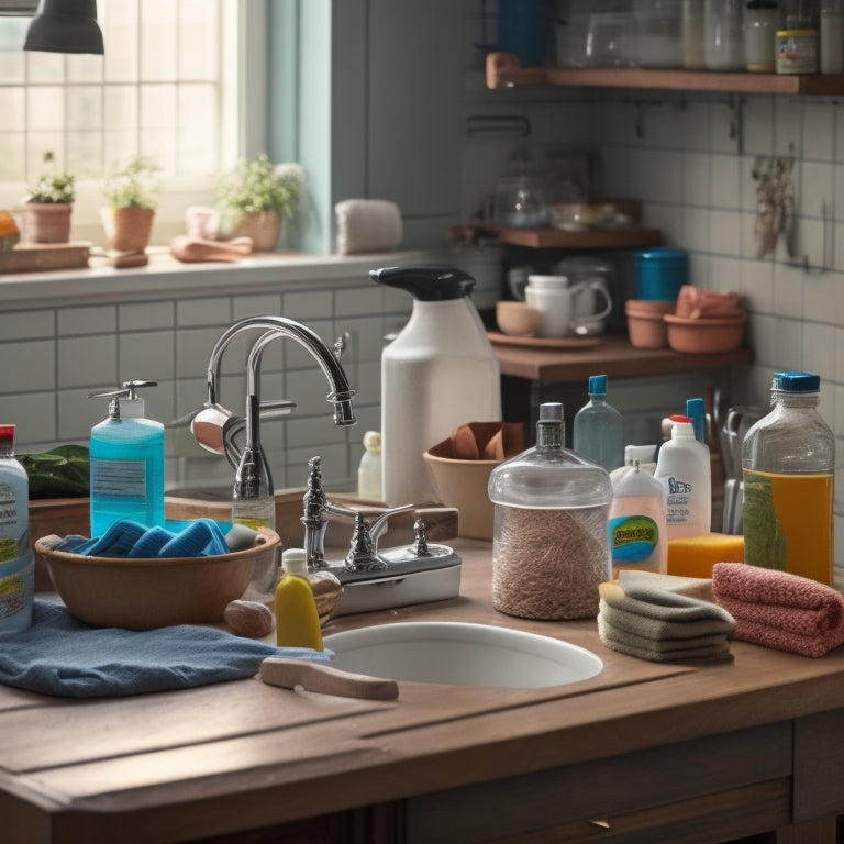 A cluttered kitchen desk with a messy sink area, surrounded by soap bottles, scrubbers, and tangled towels, next to a DIY organizer with neatly arranged utensils and cleaning supplies.