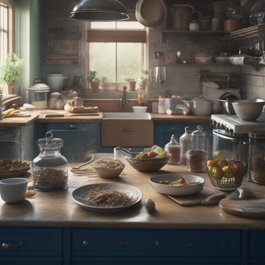 A cluttered kitchen scene with piles of dirty dishes, overflowing countertops, and a messy island, contrasted with a single, spotless drawer or cabinet in the background, with a hint of natural light.