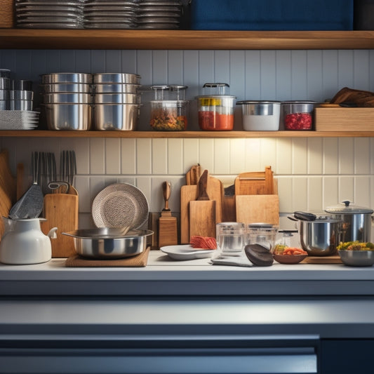 A tidy, compact kitchen with a single, open drawer showcasing a variety of neatly arranged utensils, cookware, and storage containers, with a subtle, warm lighting effect.