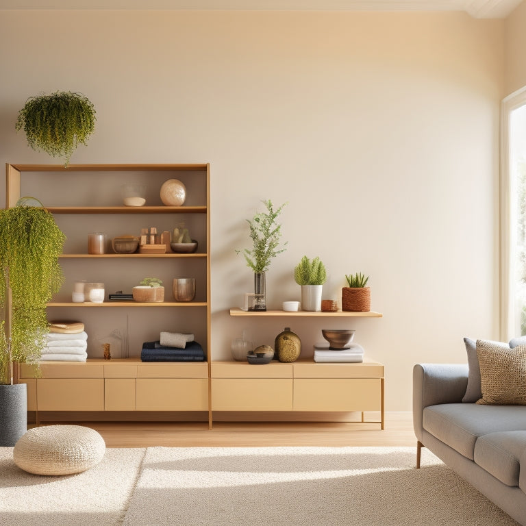 A serene, minimalist living room with a sleek, wall-mounted shelf system, neatly arranged storage bins, and a few, carefully-placed decorative pieces, bathed in warm, natural light.