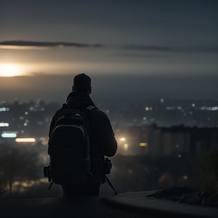 A darkened cityscape at dusk with a lone figure in the shadows, wearing a tactical backpack and holding a flashlight, surrounded by subtle hints of surveillance and security measures.