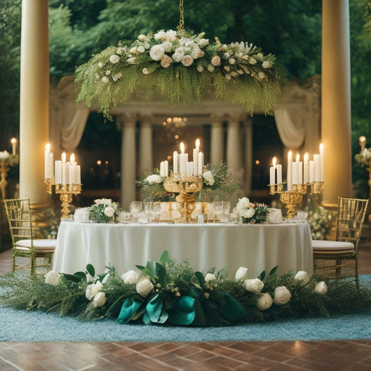 A lavish, golden-lit wedding scene with a majestic, flower-adorned archway, champagne flutes, and a beautifully set table with fine china, surrounded by soft, white drapery and lush greenery.