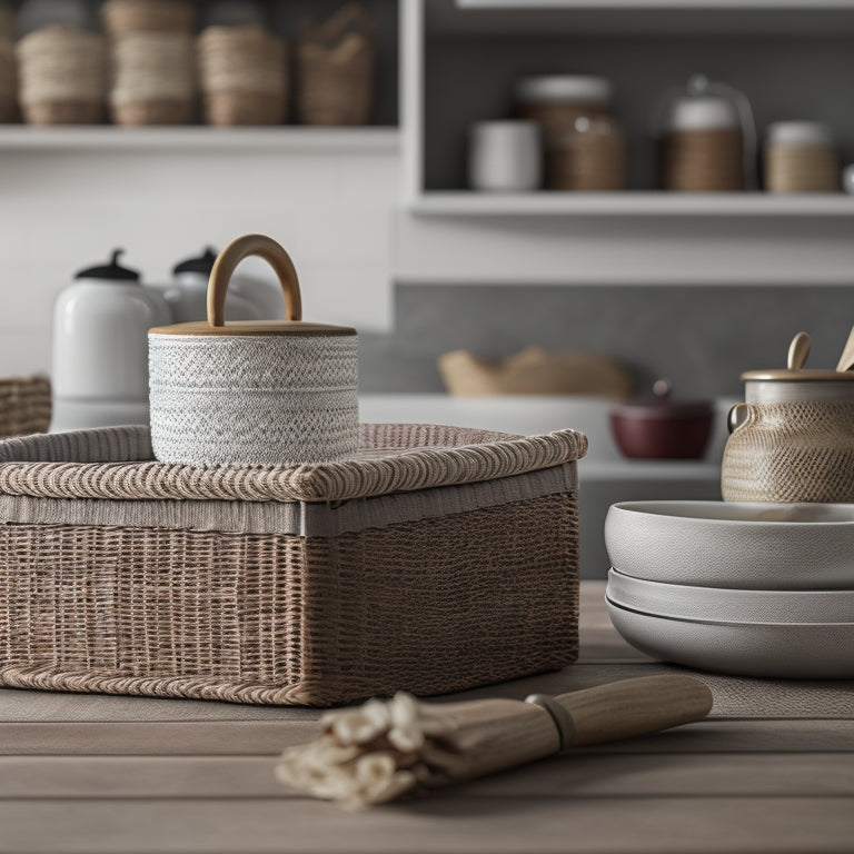 A tidy kitchen countertop with a small, white ceramic utensil holder, a stack of three woven baskets, and a wooden spice rack with small, labeled drawers.
