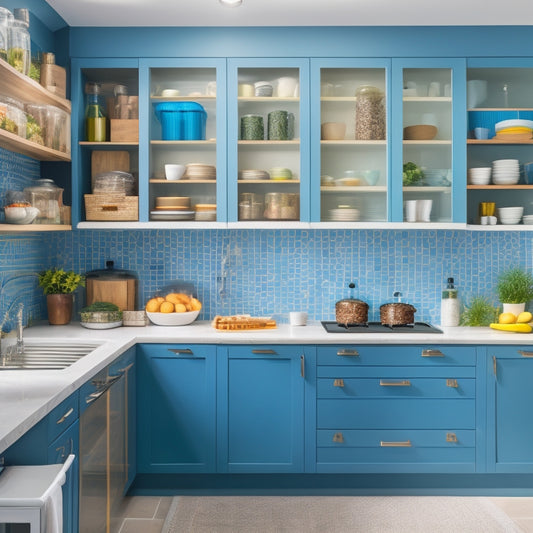 A bright, modern kitchen with a mix of open shelving and closed cabinets, featuring a dedicated gluten-free zone with separate, labeled containers and a designated vegan snack station.