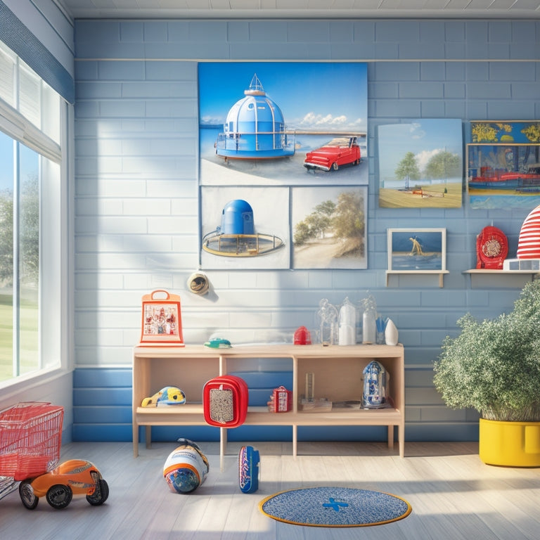 An illustration depicting a serene indoor space with a helmet on a shelf, a first-aid kit on the wall, and a smoke detector on the ceiling, adjacent to a sunny outdoor scene with a fenced playground and a lifeguard tower in the distance.