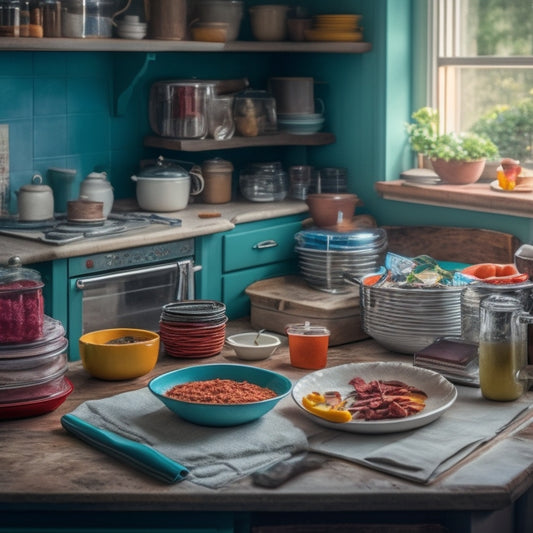 A cluttered kitchen with stacked dirty dishes, overflowing utensil drawers, and a countertops buried under kitchen gadgets, recipe books, and crumpled up papers, with a single, gleaming clean plate in the corner.