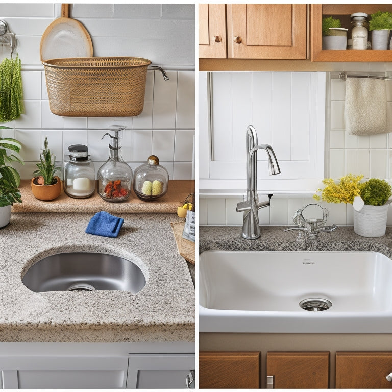 A split-screen image: a cluttered kitchen sink with soap scum and stains on the left, and a sparkling clean sink with a few strategically placed dollar store items (e.g., a scrubber, a microfiber cloth, and a small plant) on the right.