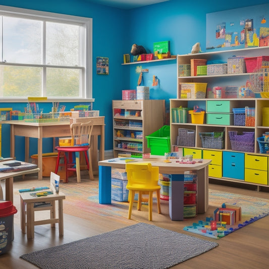 A colorful, clutter-free playroom with a child's worktable in the center, surrounded by neatly organized, labeled bins containing various art supplies, wooden blocks, and stage-based play kits.