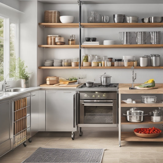 A clutter-free, modern kitchen with a sleek, stainless steel DIY kitchen cart at its center, adorned with utensils, spices, and cookbooks, surrounded by a mix of open shelves and cabinets.