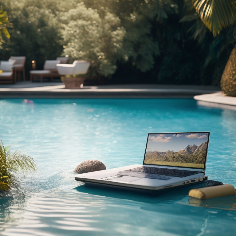 A serene, sun-drenched poolside scene with a laptop and notebook floating on a pool raft, surrounded by calm waters and lush greenery, evoking relaxation and creativity.