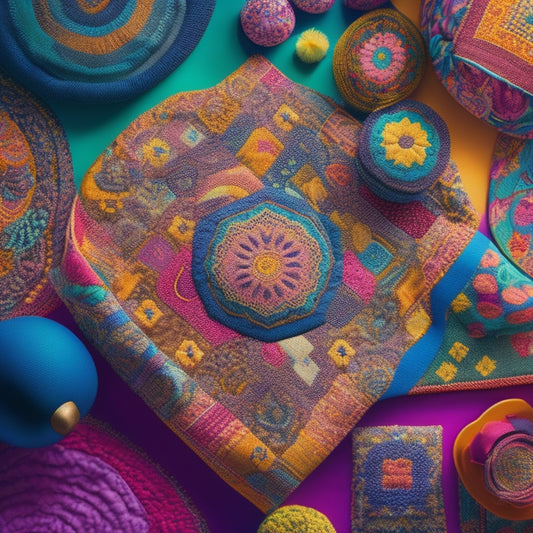 A vibrant, stylized illustration of a quilt with diverse, swirling patterns and fabrics, surrounded by various digital devices and design tools, blending traditional and modern elements.