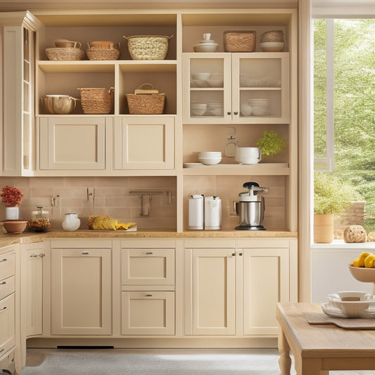 An organized kitchen with custom cabinetry featuring pull-out spice racks, adjustable shelves, and soft-close drawers, set against a warm beige background with natural light pouring in through a nearby window.