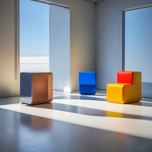 A minimalist, modern room with 3-4 futuristic cube chairs in different vibrant colors, arranged in a creative, asymmetrical pattern, with subtle shadows and soft, natural light.