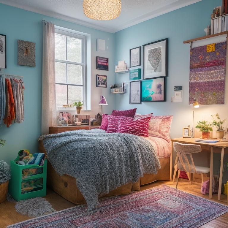 A clutter-free dorm room with a cozy bed, a desk lamp, a laptop, a mini fridge, a string of fairy lights, a colorful rug, and a few framed photos on a shelf.