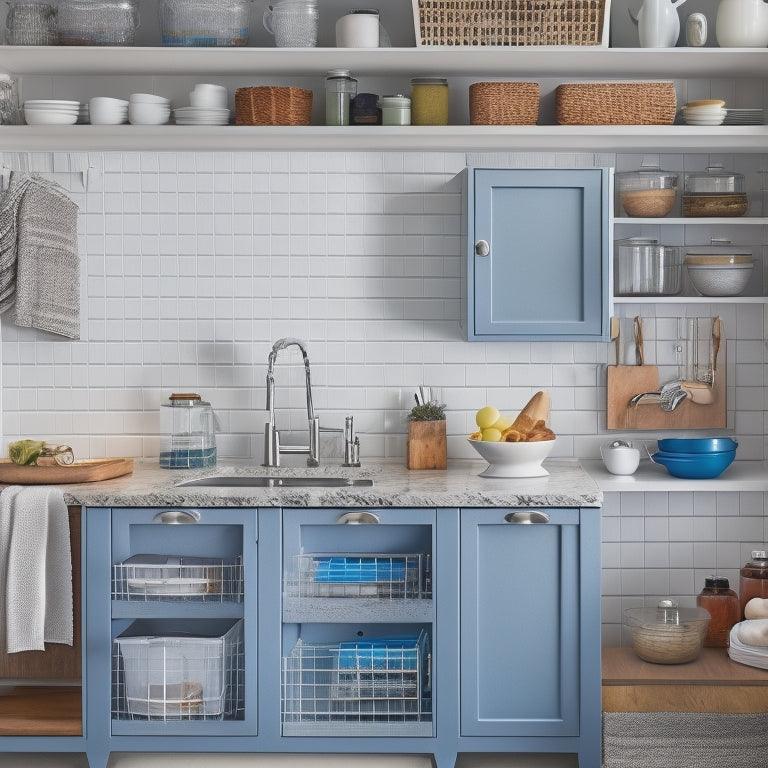 A tidy, modern kitchen with a pull-out pantry featuring baskets, a pegboard with hooks, and a slide-out drawer storing infrequently used items like a stand mixer and slow cooker.