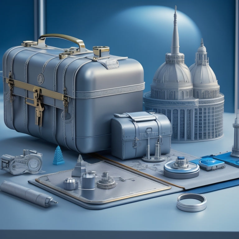 A futuristic, metallic gray background with a large, partially open, sleek silver briefcase in the center, surrounded by scattered blueprints, gears, and 3D models of futuristic buildings and machinery.