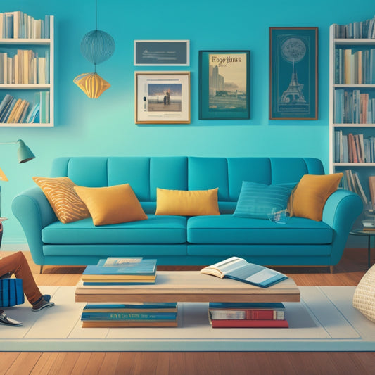 An illustration of a person sitting comfortably on a couch, surrounded by floating pages of different books, magazines, and digital devices, with each page showcasing varied content formats like infographics, videos, and podcasts.