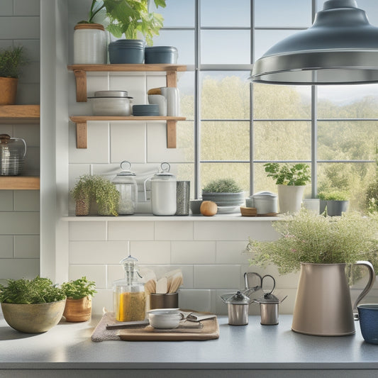 A tidy kitchen countertop with a utensil organizer, a stack of matching ceramic canisters, and a wall-mounted pot rack, illuminated by a warm overhead light and a window with a subtle garden view.