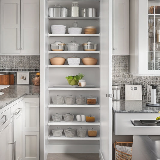 A modern kitchen with sleek, white cabinets, featuring Rev-A-Shelf's innovative organizers: a pull-out trash can, a spice rack, and a utensil divider, all with clean lines and chrome accents.