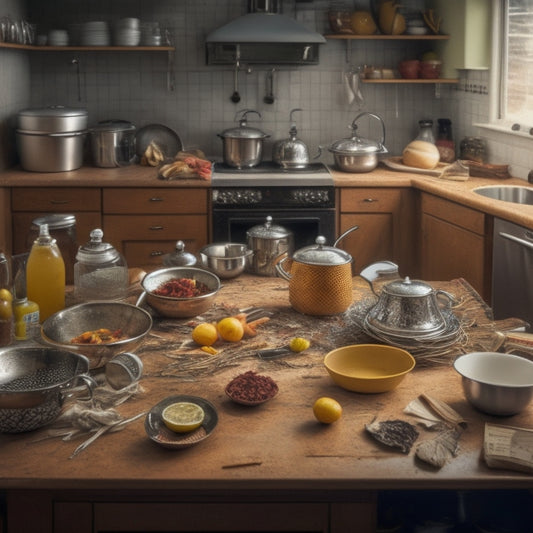 A cluttered kitchen countertop with a corner sink, surrounded by messy stacks of dishes, utensils, and appliances, with a few items spilling onto the floor and a tangled mess of cords.