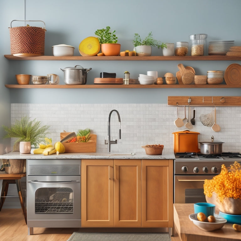 A bright, modern kitchen with a clutter-free countertop featuring a wooden utensil holder attached to the side of a cabinet, a tiered turntable near the sink, and a decorative spice rack above the stove.