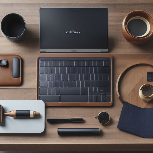 A clutter-free workspace featuring Orbitkey's Desk Mat, a sleek laptop, and a few strategically placed office supplies, surrounded by a minimalist background with a subtle woodgrain texture.