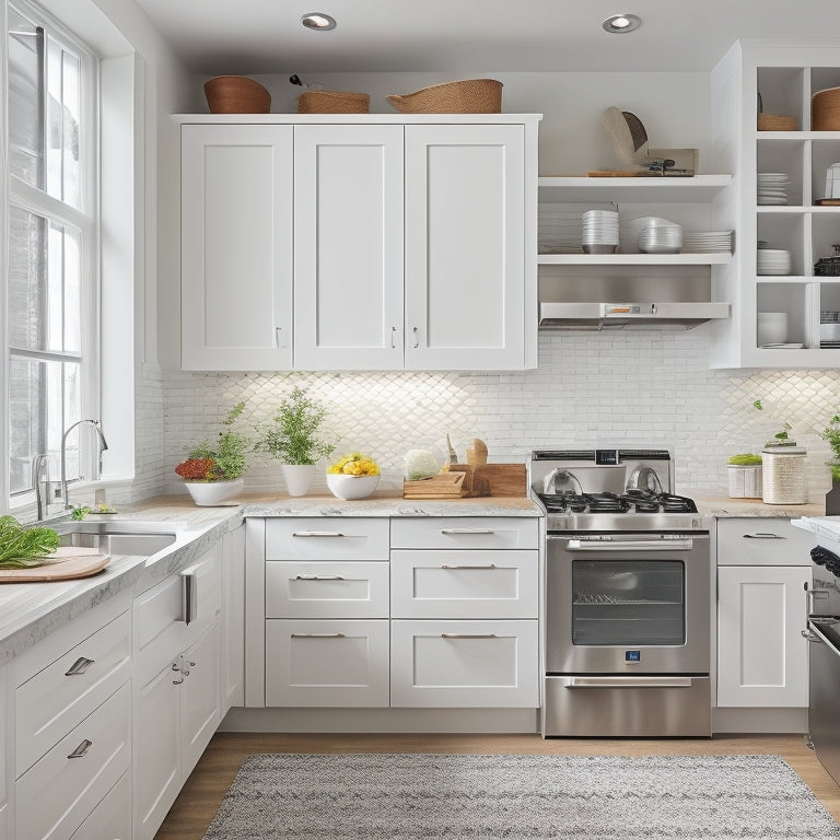 A bright, modern tiny kitchen with sleek white cabinets, stainless steel appliances, and warm wood countertops, featuring a pull-out pantry, hanging utensil organizers, and a pot lid storage rack.