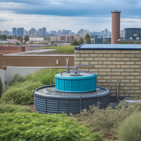 A rooftop with a sleek, modern rainwater harvesting system, featuring a large, corrugated metal tank, downspout connections, and a network of pipes and gutters amidst a lush, green rooftop garden.