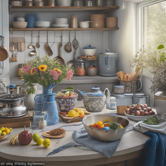 A cluttered kitchen counter with a jumbled mix of appliances, utensils, and food items, contrasting with a tidy island in the background, featuring a few neatly arranged cookbooks and a small vase with fresh flowers.