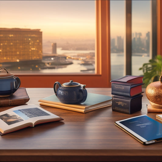 A split-screen image with four e-readers of varying sizes and designs on a wooden table, surrounded by scattered books, coffee cups, and a few scattered pages, with a blurred cityscape background.