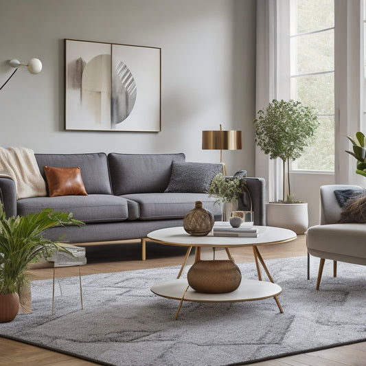 A stylized, minimalist living room with a sleek sectional sofa, a geometric-patterned area rug, a floor lamp with a unique sculptural shape, and a few potted plants on a modern coffee table.