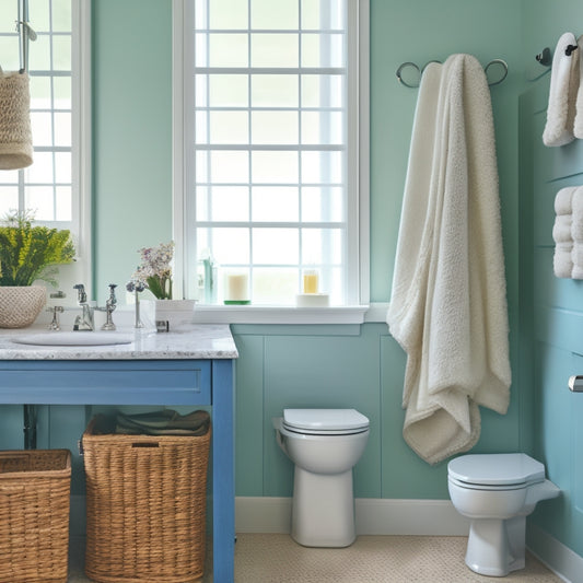 A serene, organized bathroom with a few remaining cluttered areas, featuring a half-empty shelf, a tidy towels rack, and a trash can with a few items waiting to be thrown away.