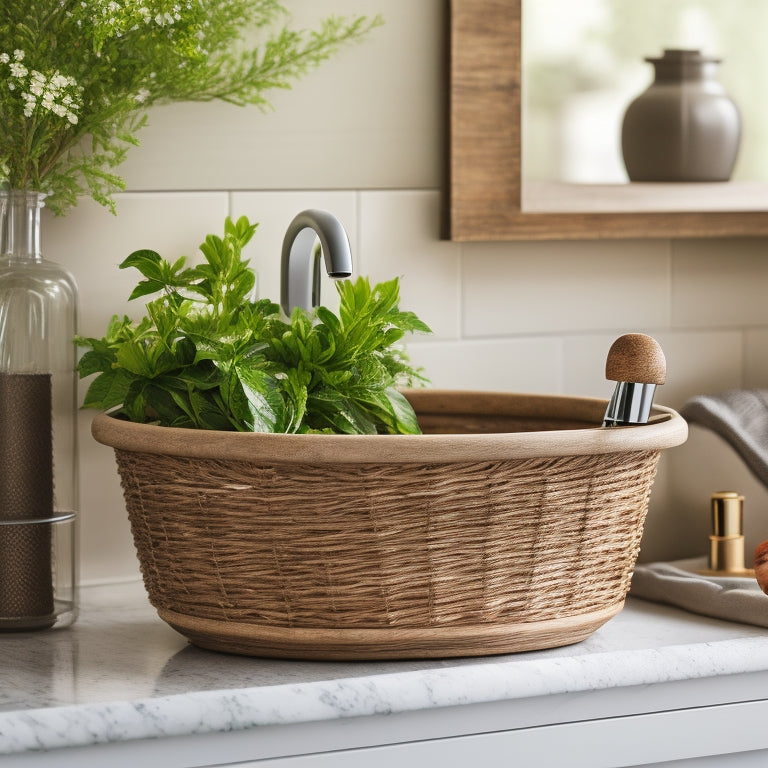 A rustic wooden sink caddy with metal mesh baskets, adorned with woven vines and a few fresh greenery sprigs, sitting atop a white porcelain sink with a modern faucet.