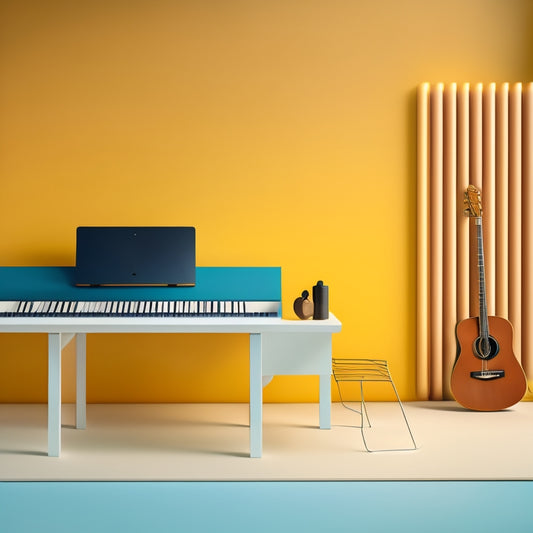 A minimalist illustration featuring a sleek, modern Songmics bench with a laptop and coding books scattered around it, surrounded by musical notes and sound waves in a subtle gradient background.