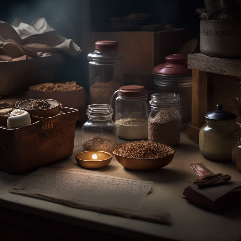 A dimly lit, cluttered baking supply drawer with a worn wooden spoon, dusty jars, and a torn recipe book, with a few suspicious crumbs and spills hinting at hidden secrets.