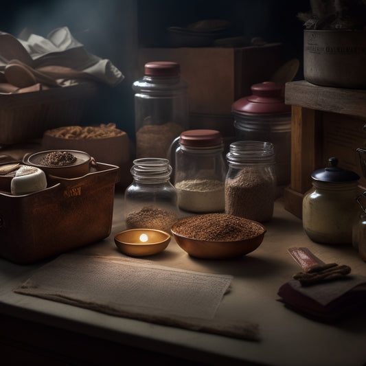 A dimly lit, cluttered baking supply drawer with a worn wooden spoon, dusty jars, and a torn recipe book, with a few suspicious crumbs and spills hinting at hidden secrets.