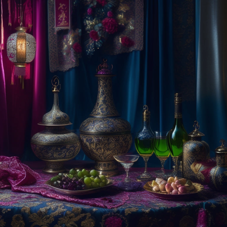 A beautifully styled still-life image featuring a few intricately embroidered Chinese dresses draped elegantly over wine bottles, surrounded by dimly lit lanterns and ornate fans.