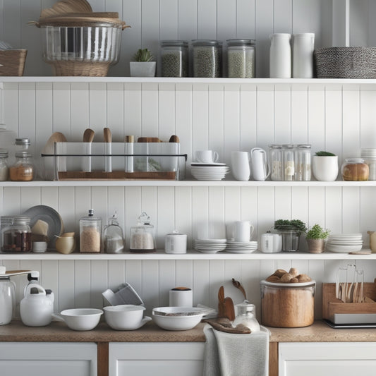 A tidy kitchen with white shelves, divided by wooden separators, holding stacked ceramic plates, glass jars, and cookbooks, surrounded by a utensil organizer and a countertop with a few appliances.