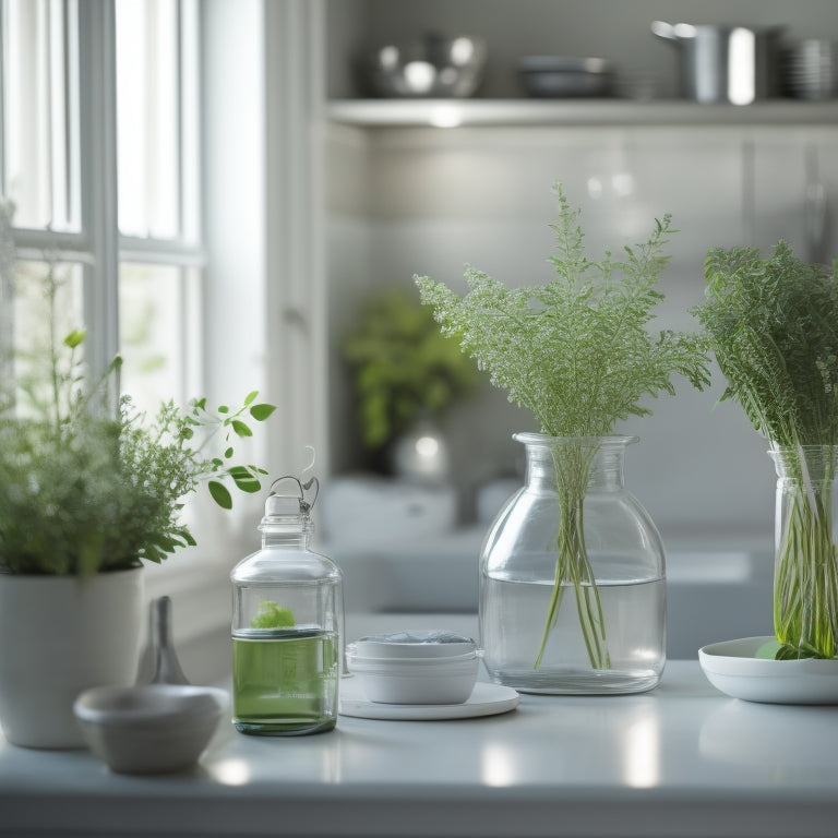 A serene, well-lit kitchen with a completely clear, gleaming counter, surrounded by tidy utensil jars, a few potted herbs, and a small, elegant vase with a single white flower.